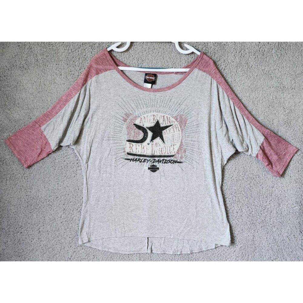Harley Davidson Women's Dolman Sleeve Top American Rebel Helmet Rhinestone Sz XL